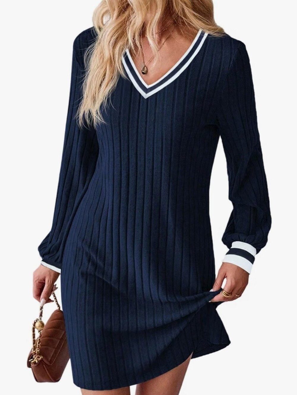 Navy V-Neck Ribbed Long-Sleeve Dress